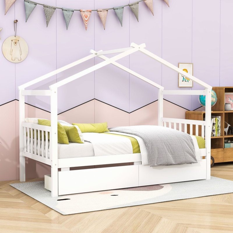 Areyana charmant lit simple en bois avec tiroirs de rangement spacieux sous le lit, Blanc