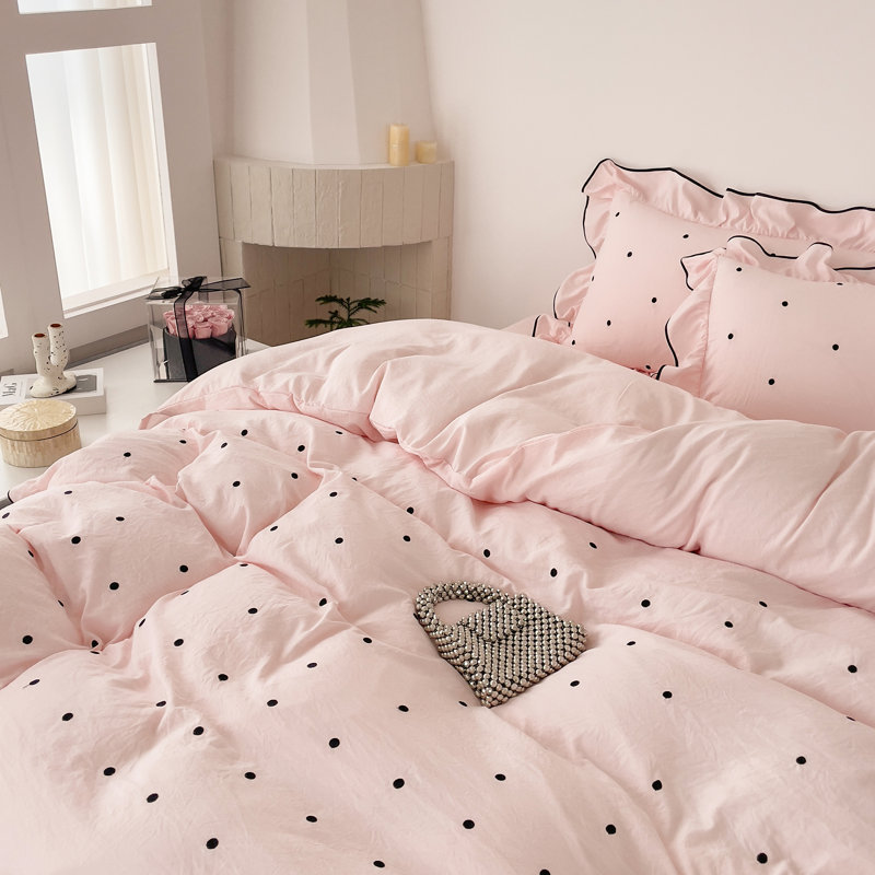 Cute Polka Dot Ruffles Microfiber Duvet Cover Set, Full Duvet Cover + 2 Standard Pillowcases, Pink