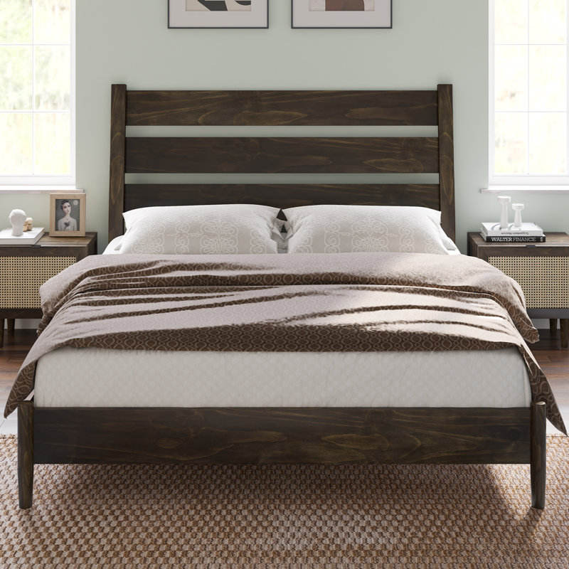 Dark Brown Pine Queen Bed Frame with Slatted Headboard
