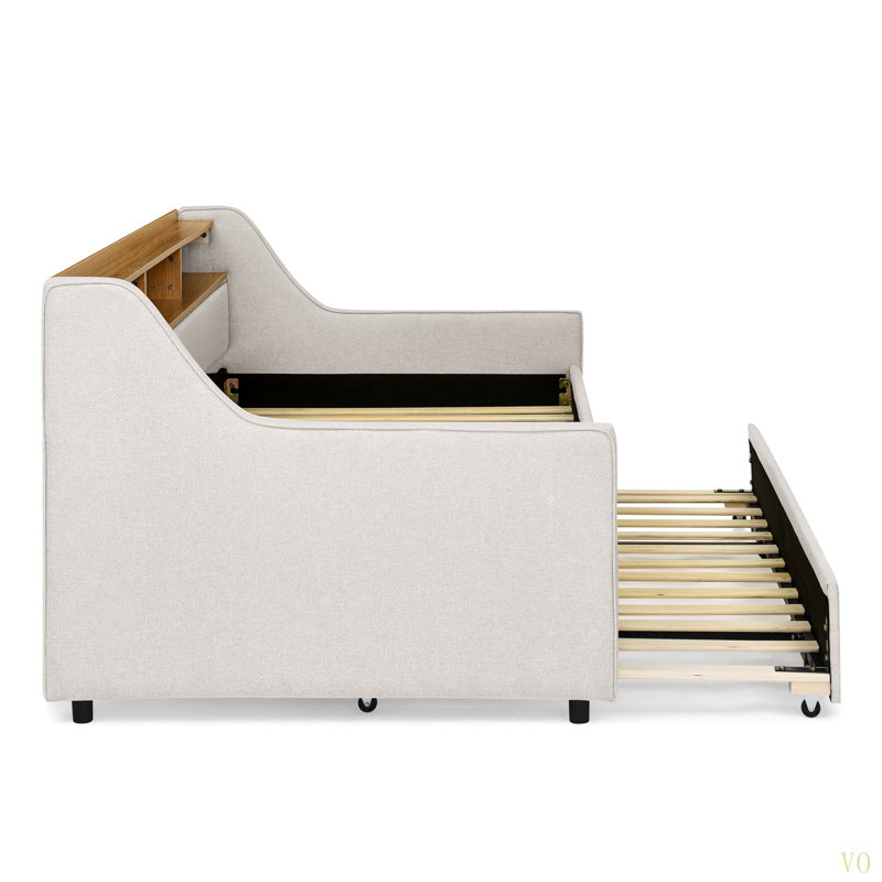 Canapé-lit simple rembourré avec trois lumières à DEL, tête de lit réglable avec rangement, lit gigogne escamotable et base de chargement sans fil, cadre de canapé-lit rembourré en lin