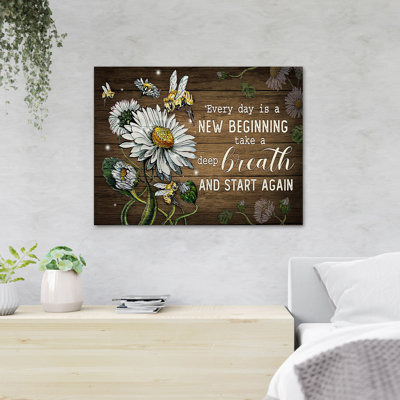 «Bees and Flowers - Every Day Is A New Startning Take A Deep Breath And Recommencer» - 1 pièce, reproduction d'art graphique sur toile tendue