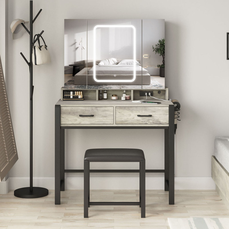 Tri-Fold Mirror Makeup Vanity Table with Lights