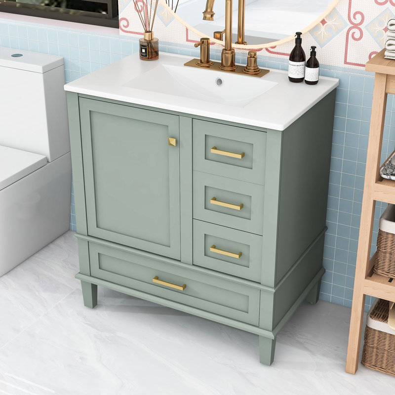 Ensemble de meuble-lavabo 30 po avec lavabo en céramique, armoire de rangement et 3 tiroirs, Vert sauge