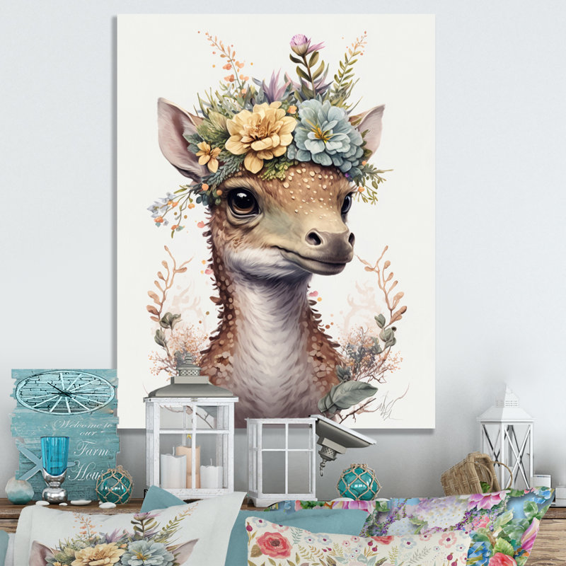 Mignon bébé dinosaure avec couronne florale - cadre flottant, impression sur toile, H 40 po x l 30 po x P 1,5 po