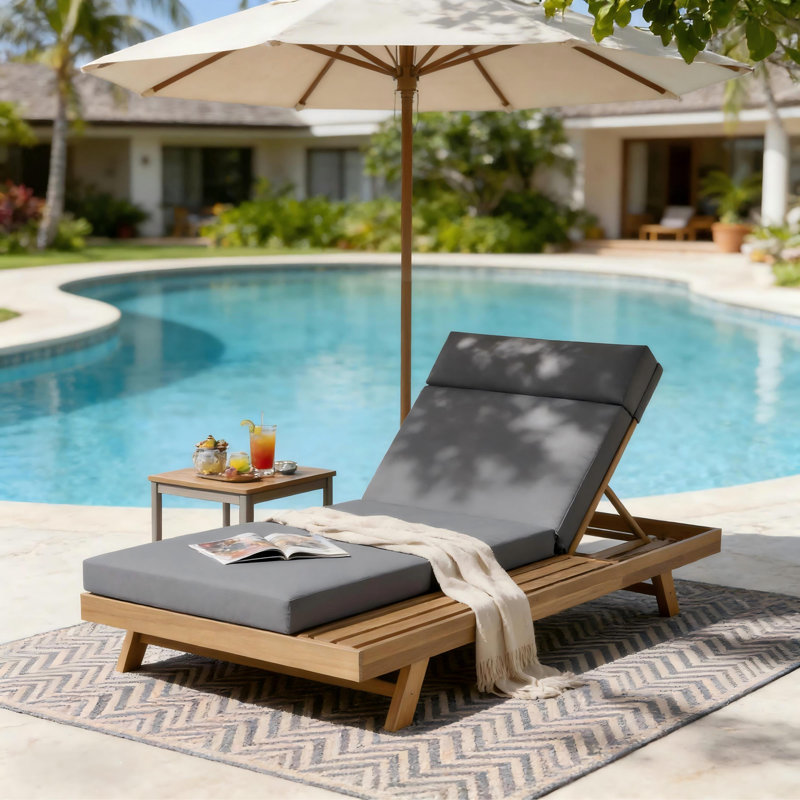 Lounge Chaise Set With Headrest, Space Available On One Side, Acacia Wood In light brown With Water-Resistant Lounge Cushions (3-Fold & 4 Inch)