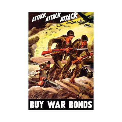 WWII Propaganda Poster Of Soldiers Assaulting A Beach With Rifles by Stocktrek Images - Wrapped Canvas Print
