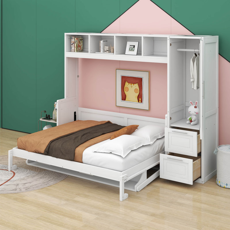 Grand lit escamotable avec placard et tiroirs, Blanc
