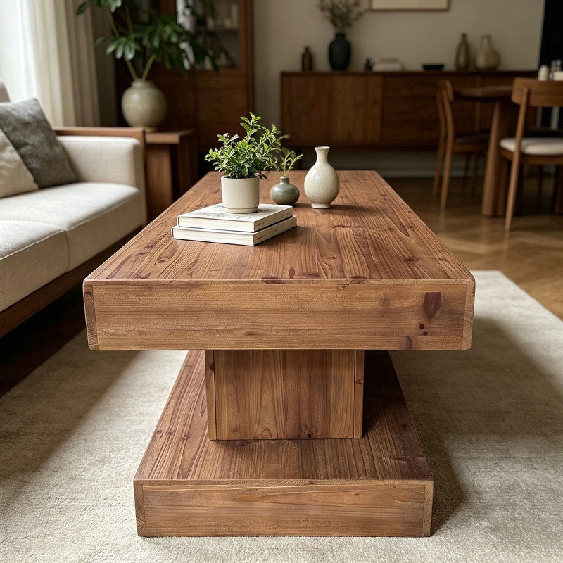 Table basse en bois massif naturel avec plateau épais et base à double pilier. Style classique rustique et minimaliste, robuste et pratique.