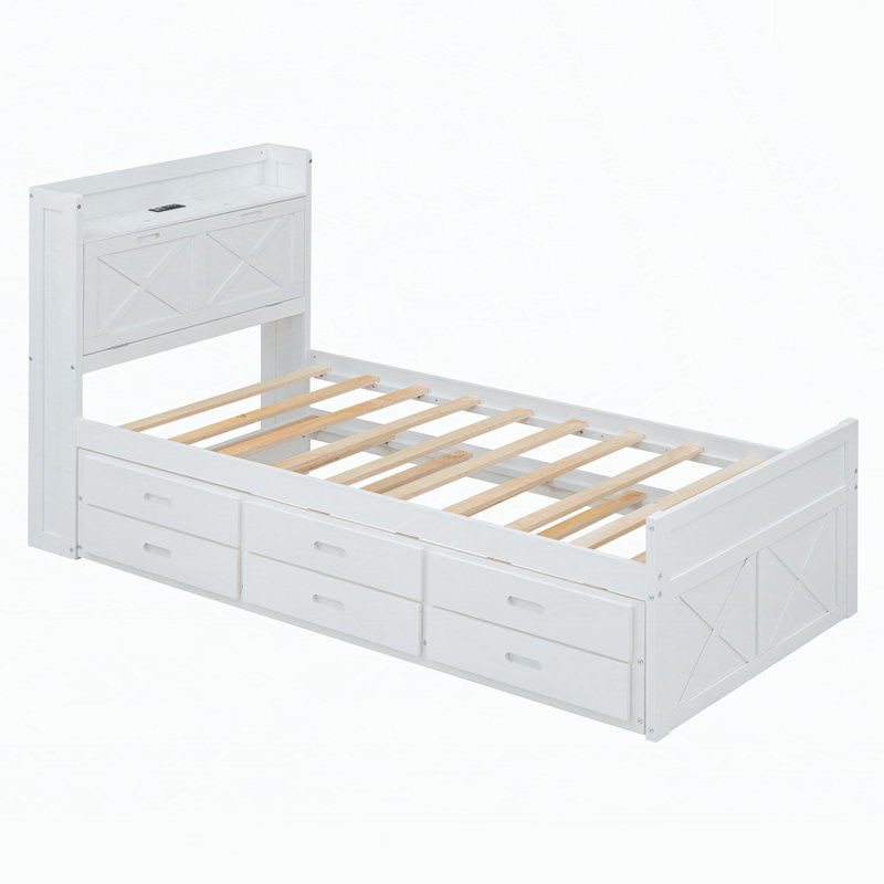 Lit plateforme en bois avec lit gigogne et rangement, Blanc, Simple