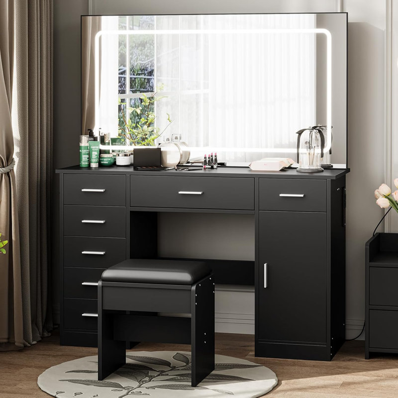 Bureau de coiffeuse avec grand miroir et lumières, coiffeuse de maquillage avec station de charge, 3 modes d'éclairage à luminosité réglable, ensemble de coiffeuse avec 7 tiroirs, table de maquillage pour la chambre à coucher