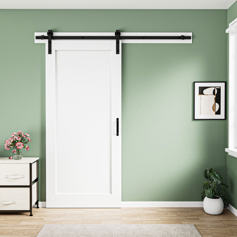 Porte de grange coulissante en bois manufacturé blanc avec apprêt blanc avec trousse de quincaillerie d'installation (aucun assemblage requis)