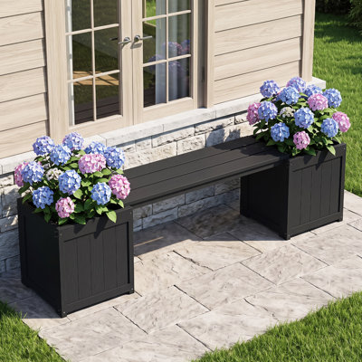 2-in-1 HDPE Outdoor Planter Bench with Two Flower Boxes, All-Weather Garden Raised Bed with Seat for Patio, Porch, Backyard and Deck