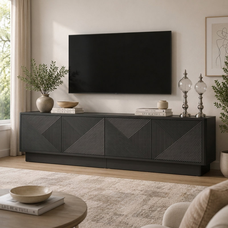 71" Wide Modern Sideboard With Wave Texture Doors And 16-Color LED Lights, White