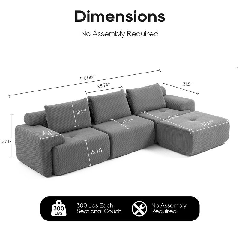 Boneless Convertible Modular L-Shaped Sectional Sofa Bed, Gray Corduroy
