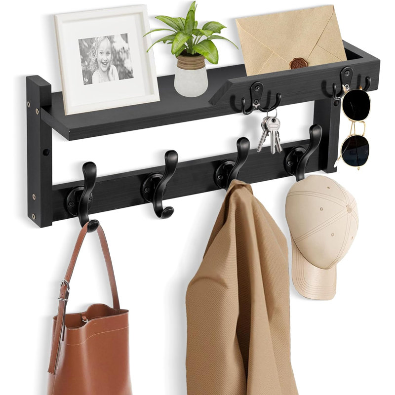 Portemanteau mural avec tablette, portemanteau mural avec crochets à clés et porte-courrier, étagère d'entrée en bois flottante avec crochets et rangement, porte-chapeau pour porte-clés mural