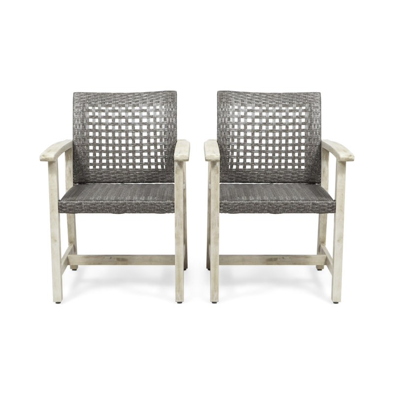 Outdoor Dining Chairs Set of 2, Acacia Wood Patio Armchairs with Woven Seat and Backrest, Gray
