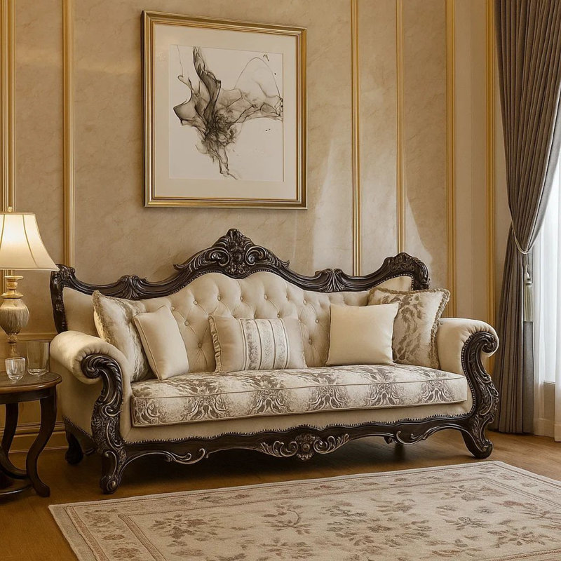 Canapé Puhi avec coussins décoratifs, tissu beige, bois sculpté orné, 95 pouces