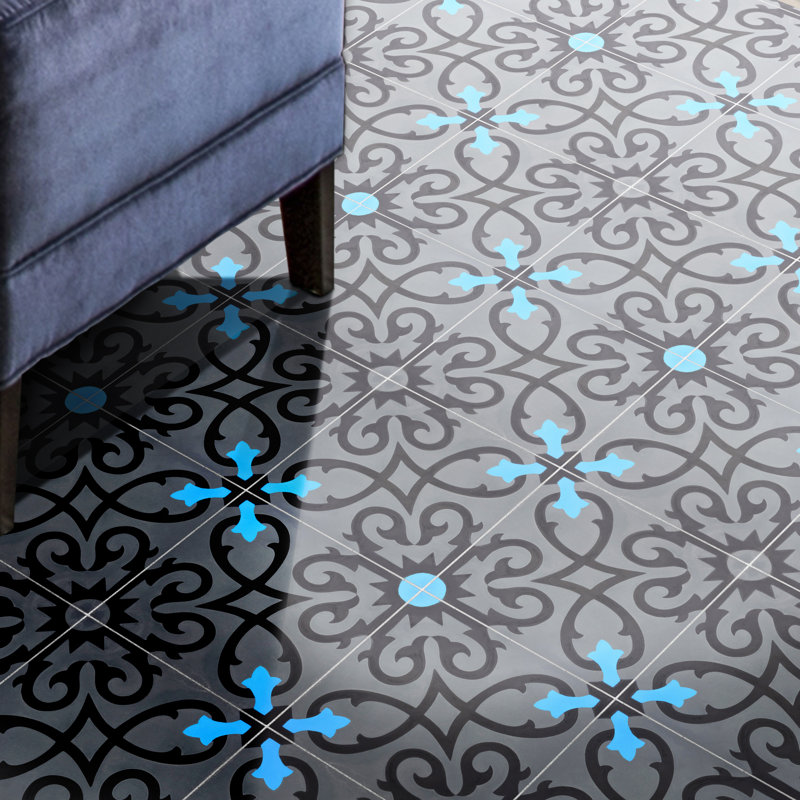 Agadir 8" x 8" Cement Patterned Wall & Floor Tile, Gray/Black/Blue