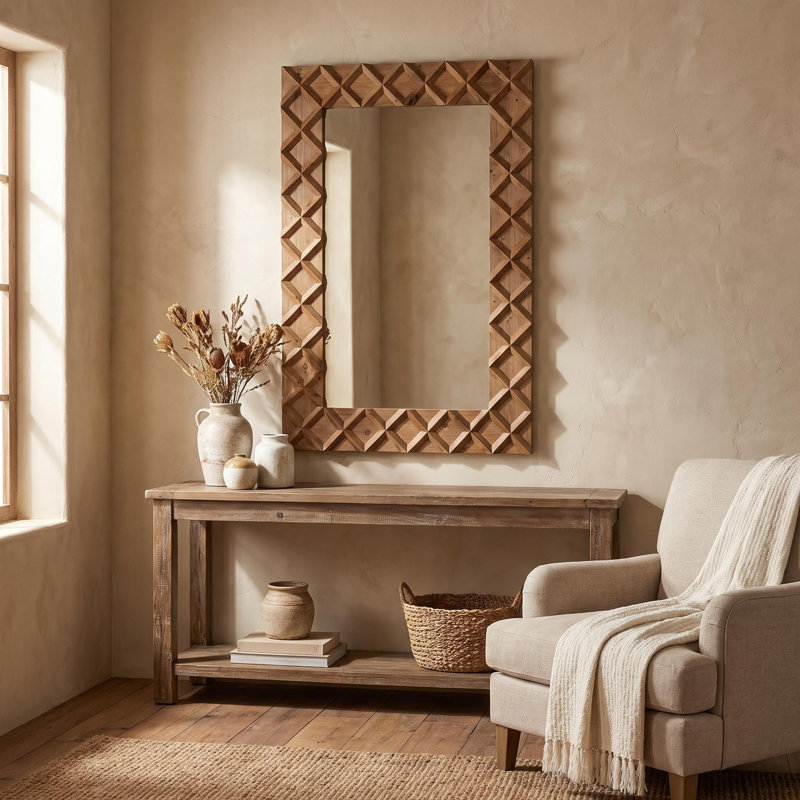 23.6" x 35.5" Hand Carved 3D Parquet Wood Wall Mirror, Rustic Farmhouse Rectangle Decor Mirror, Vertical & Horizontal Hanging Accent Mirror for Entryway Bedroom Living Room