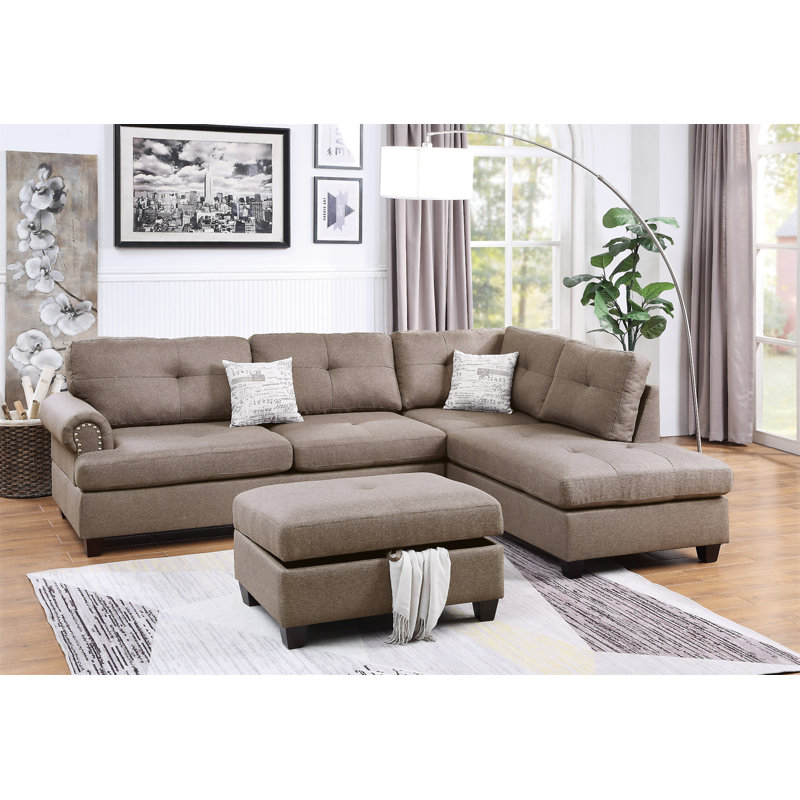 Canapé modulaire contemporain 3 pièces Mocha Dorris, Tissu moka, Orienté à droite