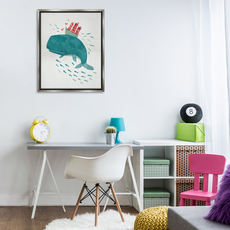 «Whale & Sailboat Diving», art mural encadré flottant par Irene Chan, H 31 po x l 25 po, Cadre flottant noir de jais