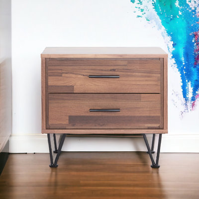 Wooden Accent Table In Walnut Finish With 2 Metal Slide Drawers And Legs