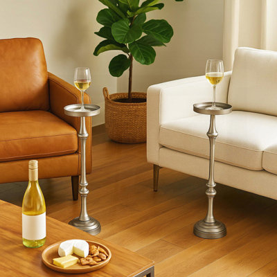 Ensemble de 2 tables d'appoint rondes Martini en fer - argent brossé, H 26 po