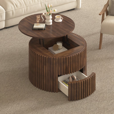 Table basse ronde à plateau relevable, table d'appoint moderne en bois cannelé avec rangement caché pour le salon