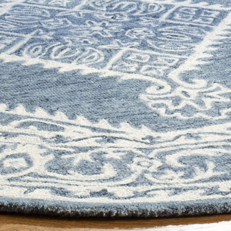 Salerna Micro-Loop Hand Tufted Wool/Cotton Oriental Rug in Ivory/Blue, Round 5'