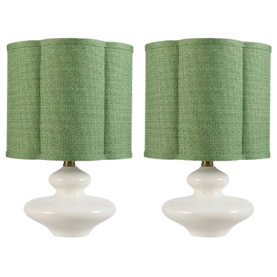 Stoneware Table Lamps With Scalloped Green Fabric Shades