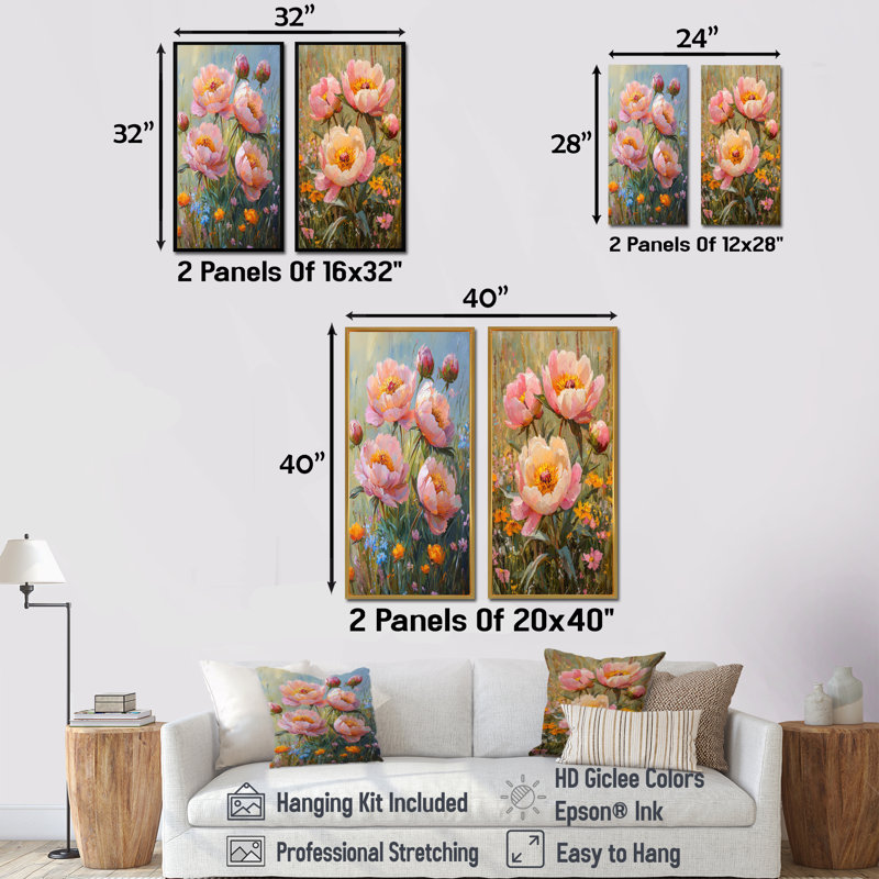 Pivoines dans la fleur sauvage, patch III, art mural floral 2 pièces, H 28 po x l 25 po, Toile tendue, Ne s'applique pas