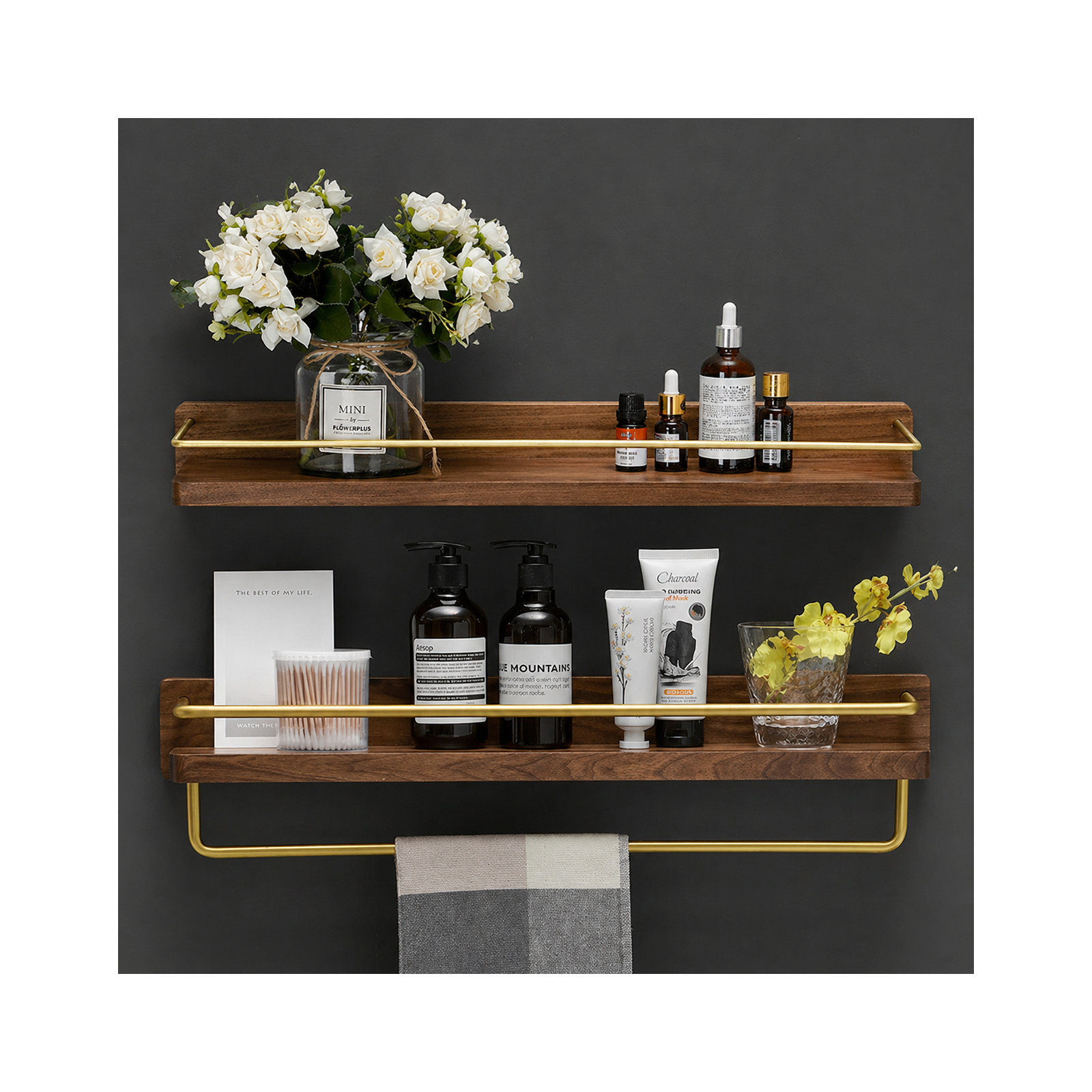 Dandre Modern Brass Wooden Shelf, 3.2" H x 16" W x 5.6" D, Walnut