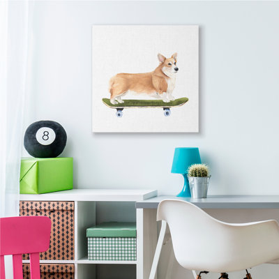 Playful Corgi Pet Dog On Green Skateboard