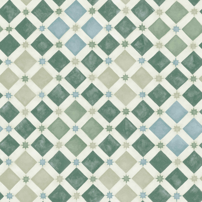 Zellige Geometric Wallpaper Roll, Olive/Print Room Blue