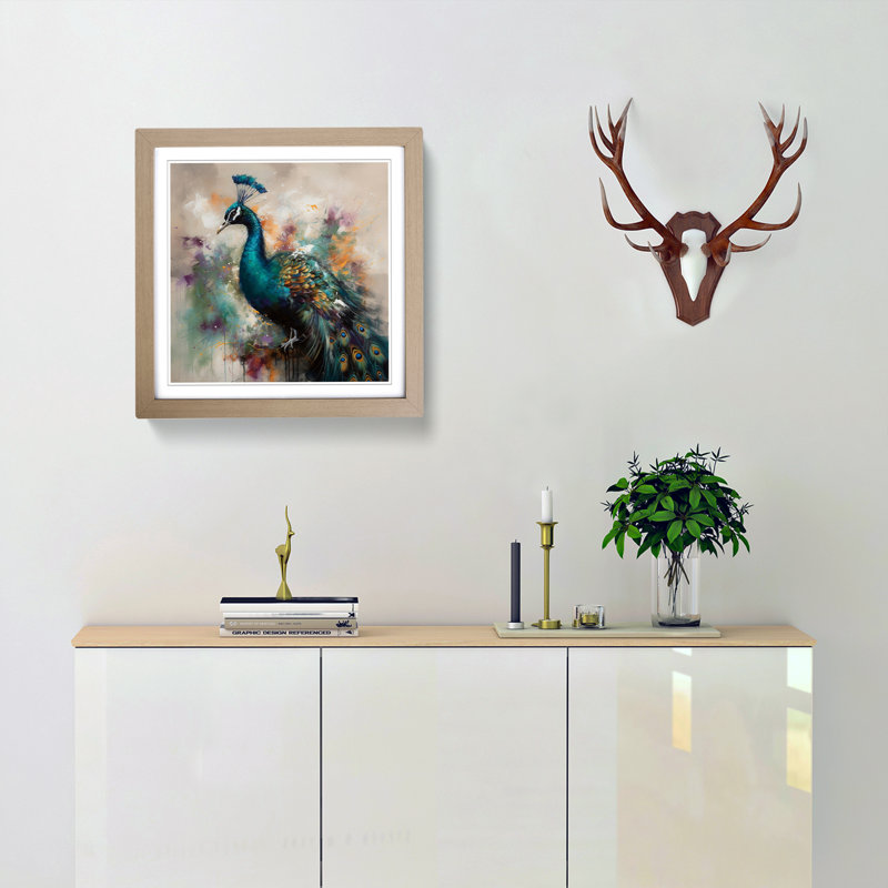Peacock Gestural Art - Framed Print, Oak