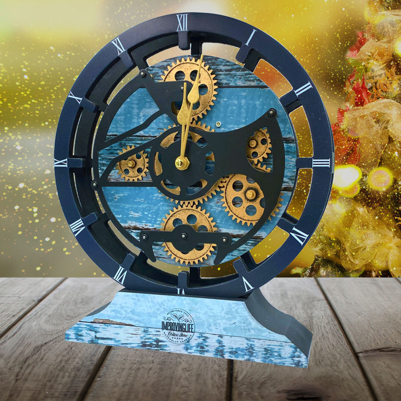 Desk wooden Clock Round 10 inches with Real Moving Gears (Transformable into a Wall Clock - detachable base) Canada Collection