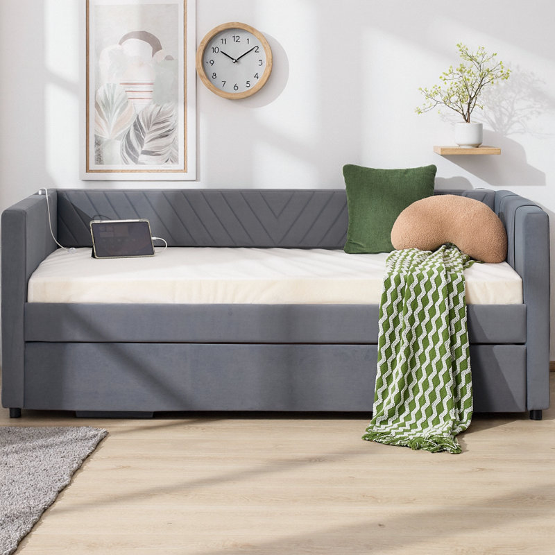 Lit de jour simple rembourré avec lit gigogne et port USB, lit en velours moderne avec dossier en V et poches latérales, aucun sommier nécessaire pour la chambre à coucher