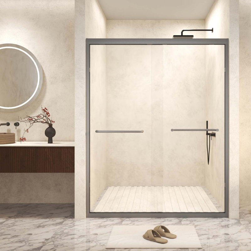 Tempered Glass With Explosion Proof Film,Aluminum Frame Double Sliding Shower Door,Stainless Steel Handle, Gun Ash 
