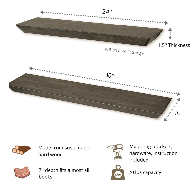 Tablette flottante en bois massif 2 pièces Chikita, Noyer, H 1,5 po x l 30 po x P 7 po
