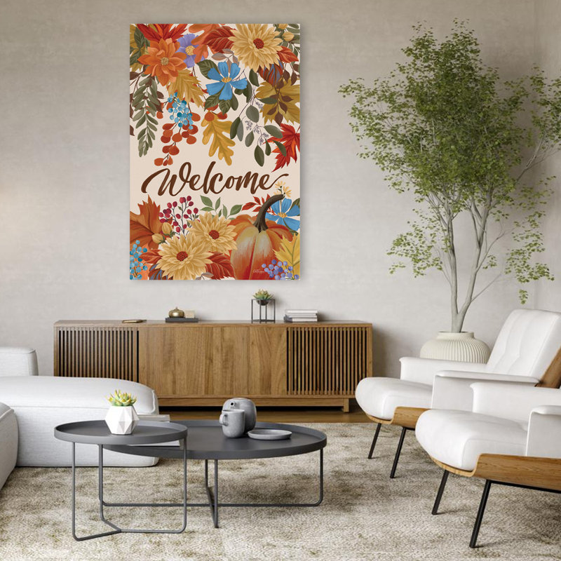 «Welcome Fall», art contemporain citrouille feuillage d'automne contemporain, H 48 po x l 32 po