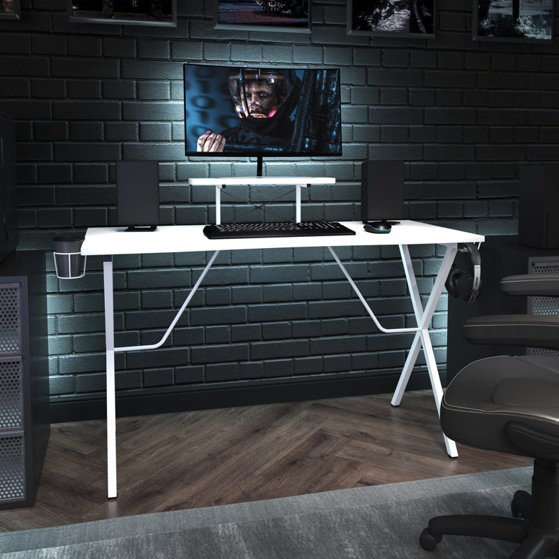 Gaming Desk with Cup Holder, Headphone Hook, and Monitor/Smartphone Stand, White