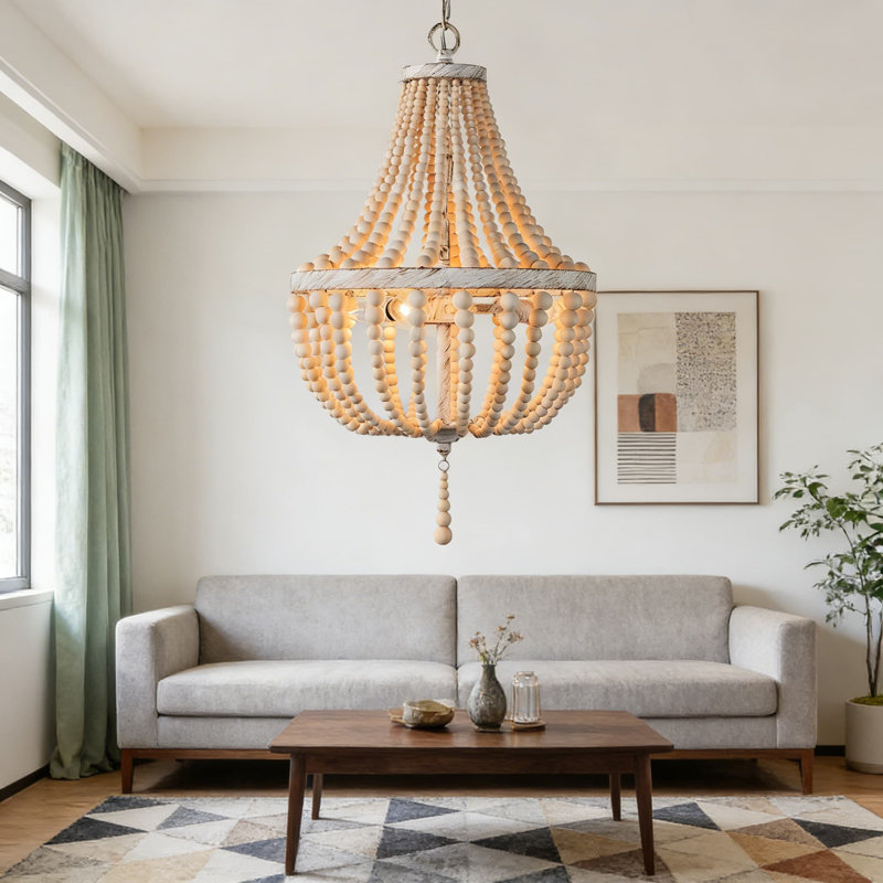 Luminaire lustre en perles de bois Boho, luminaire suspendu rustique antique à 3 lumières avec perles en chêne naturel pour îlot de cuisine, salle à manger, chambre à coucher et entrée