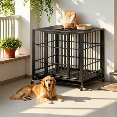 Cage pour chien robuste, chenil mobile pour animaux avec roues verrouillables et loquet rotatif, cage intérieure et extérieure en métal avec plateau perforé