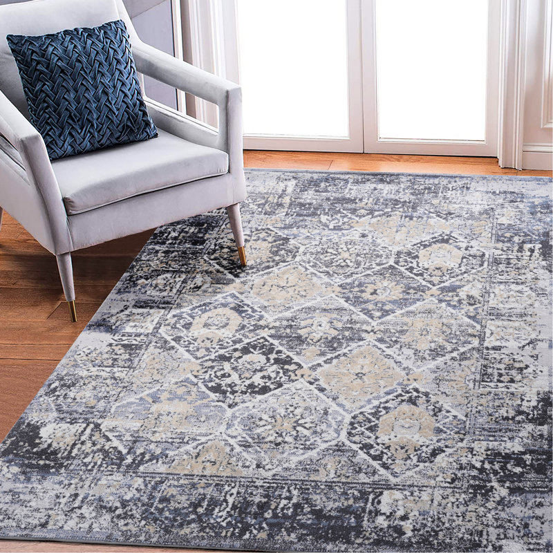 5X7 Grey+Blue Area Rug - Colorful Eat-In Kitchen Rug, Non-Shedding, Stain For Dining Seamless Placement, Home Decor