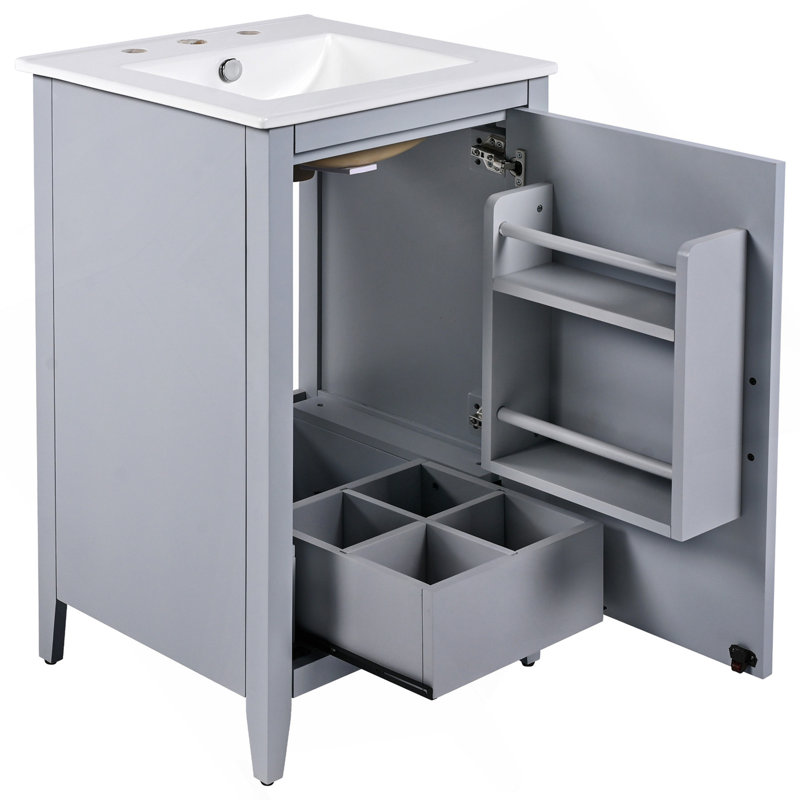 Meuble-lavabo de 20,3 po avec lavabo, tiroir fonctionnel, tablette de porte, porte à fermeture en douceur, Gris