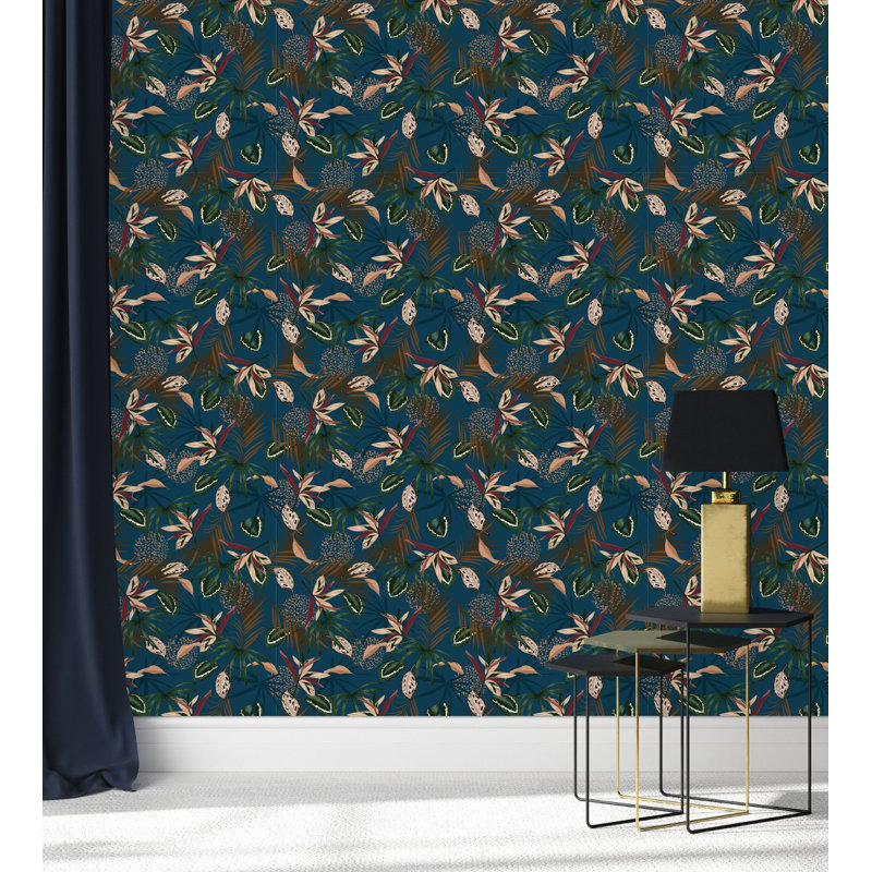 Panneau de papier peint bleu foncé avec feuilles L 10,4 pi x l 25 po
