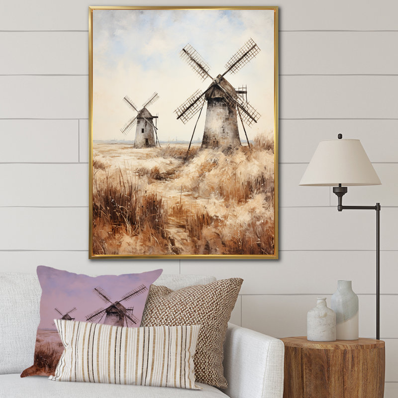 «Vintage Windmill Sepia View II - Wind Turbines», art mural, Cadre photo noir, H 20 po x l 12 po