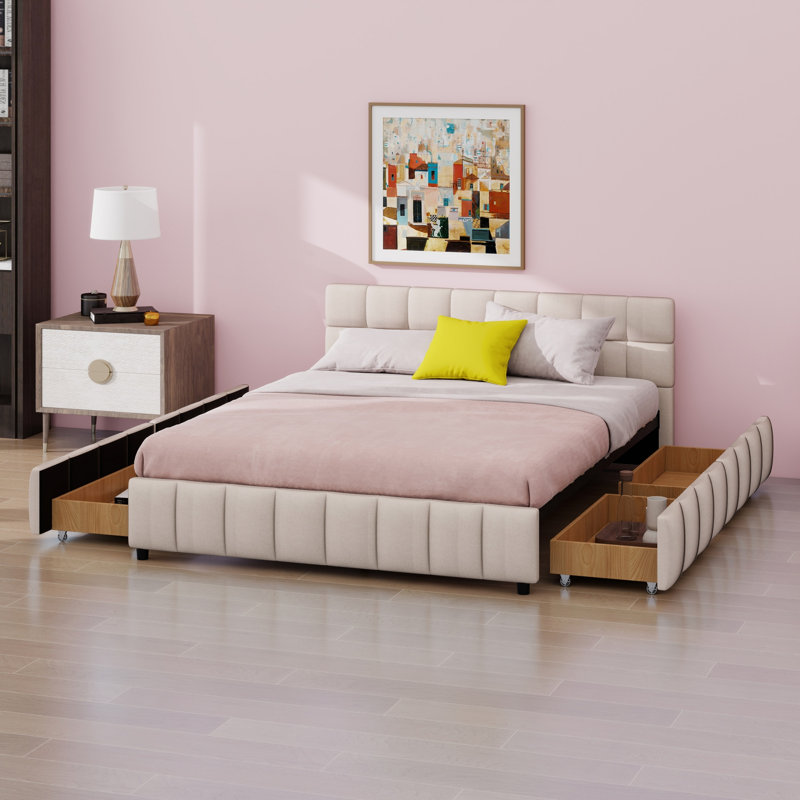 Structure de lit moderne tapissier avec 4 tiroirs de rangement et tête de lit capitonnée à blocs, Beige