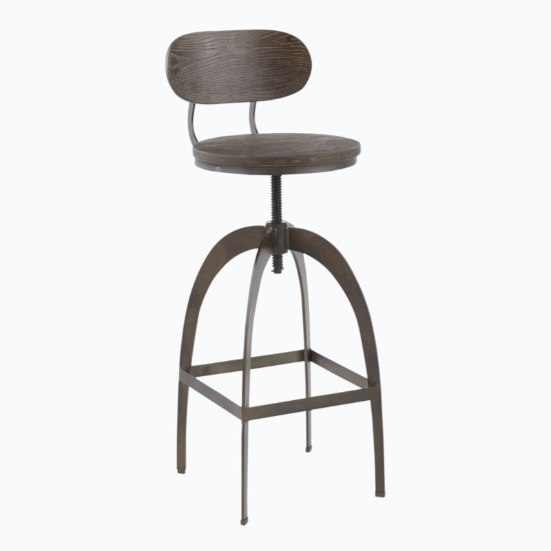 Tabouret de bar industriel à dossier moyen en métal et bambou à grain de bois pressé espresso, Noir, Gris foncé