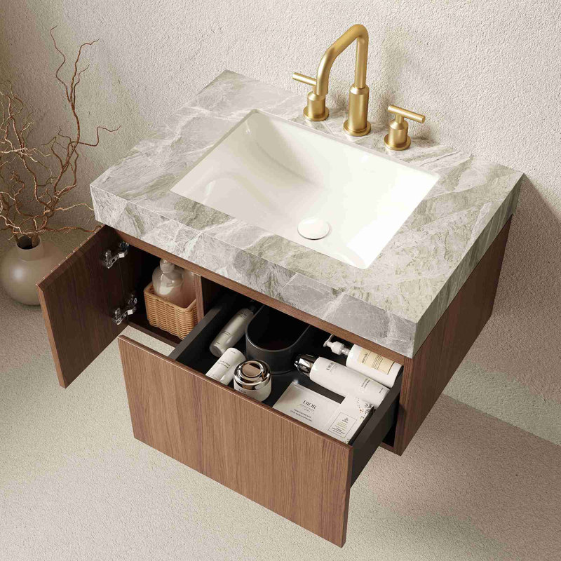 Meuble-lavabo flottant moderne avec plateau en pierre frittée, Chêne brun, 30", Gris clair